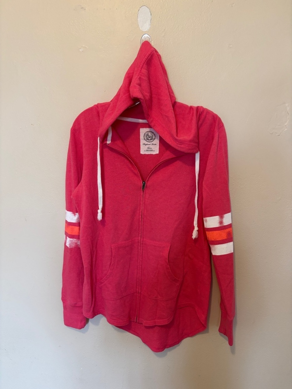 SO Pink Hooded Zip-Up Jacket with White and Orange Sleeve Stripes